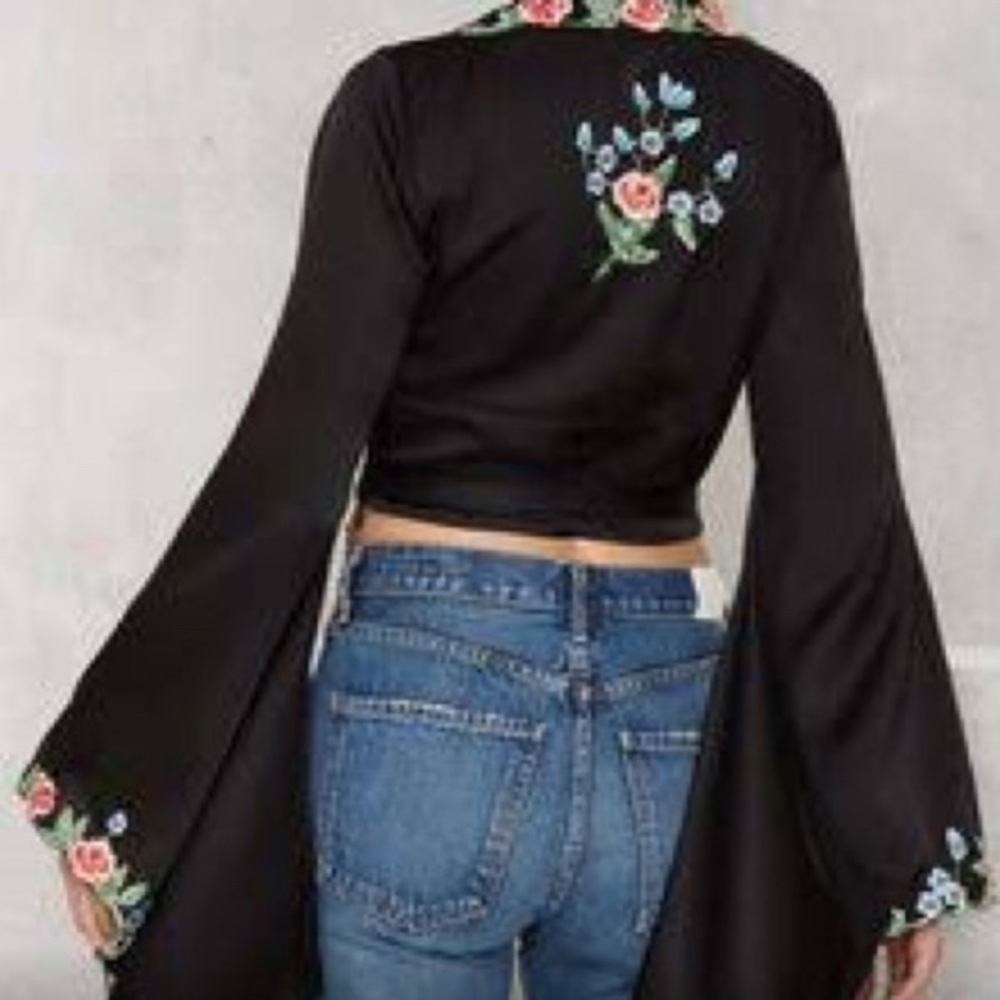 Nasty Gal Black Embroidered Floral Tie-Front Wrap Top - Picture 2 of 9